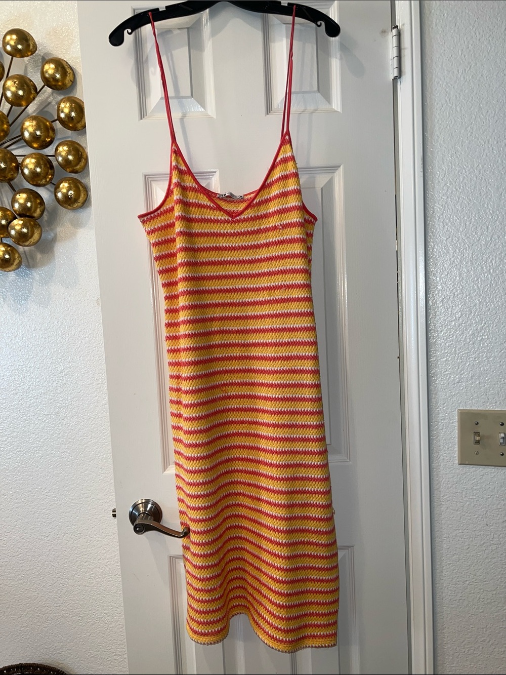 Zara Yellow and Pink Striped Knit Midi Dress